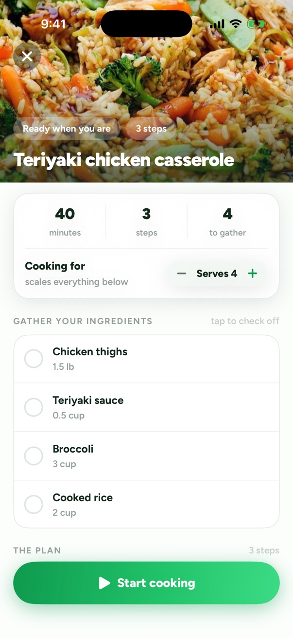 The guided cooking prep screen with servings, ingredients and steps.