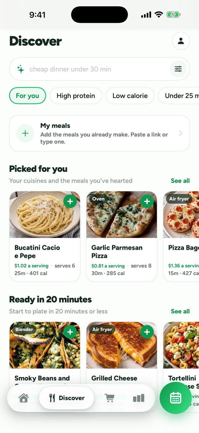 Discover: a search bar with filters, chips for For you, High protein, Low calorie and Under 25 minutes, My meals, then Picked for you and Ready in 20 minutes, each meal with its cost a serving, time and calories.