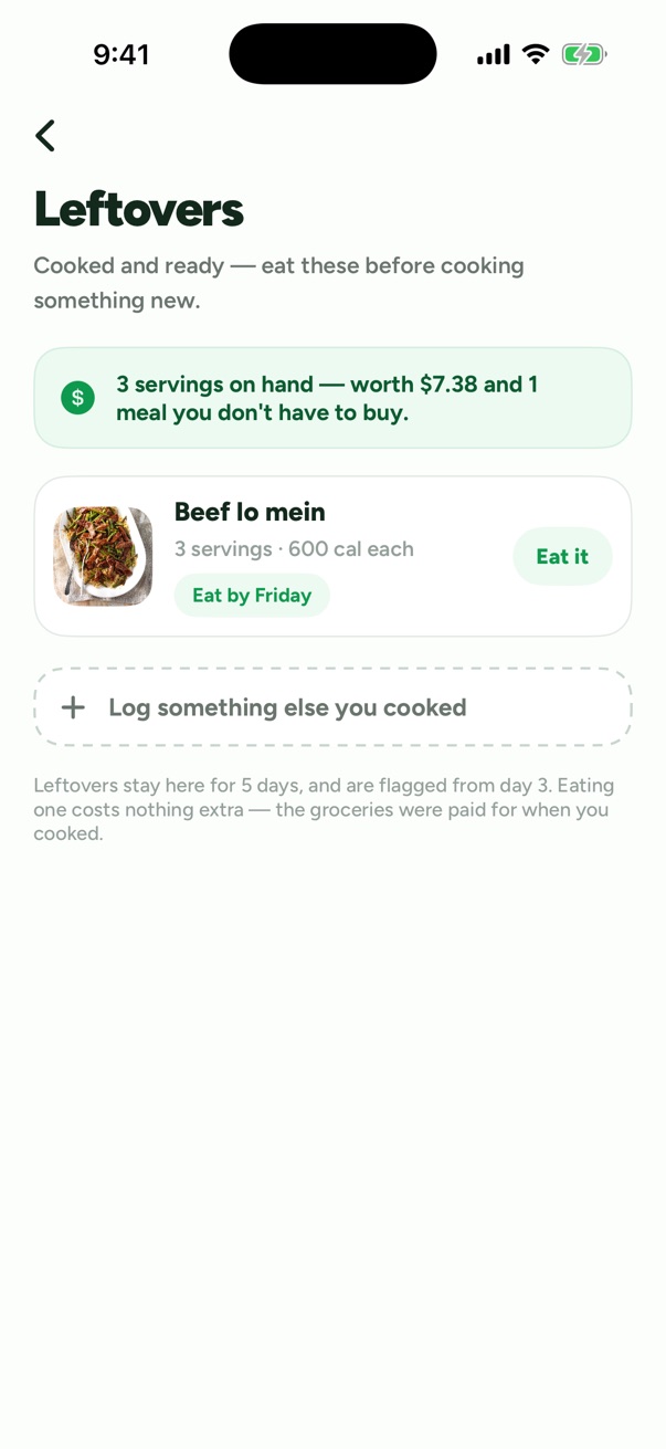 Your fridge, listing cooked leftovers with their age.
