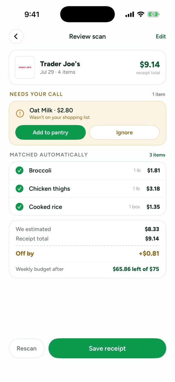 The receipt scanner reviewing a scanned grocery receipt.